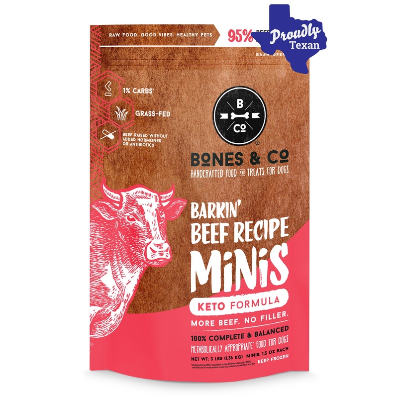 Bones and Co. Barkin’ Beef Minis Frozen Raw Dog Food 3 lb