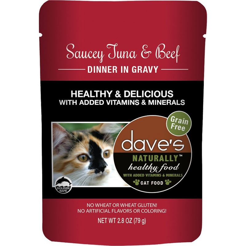 Dave’s Naturally Healthy Sauccy Grain Free Tuna & Beef in Gravy Recipe Cat Food Pouch