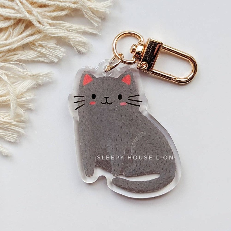 Cozy Kitty Grey Cat Acrylic Keychain Charm