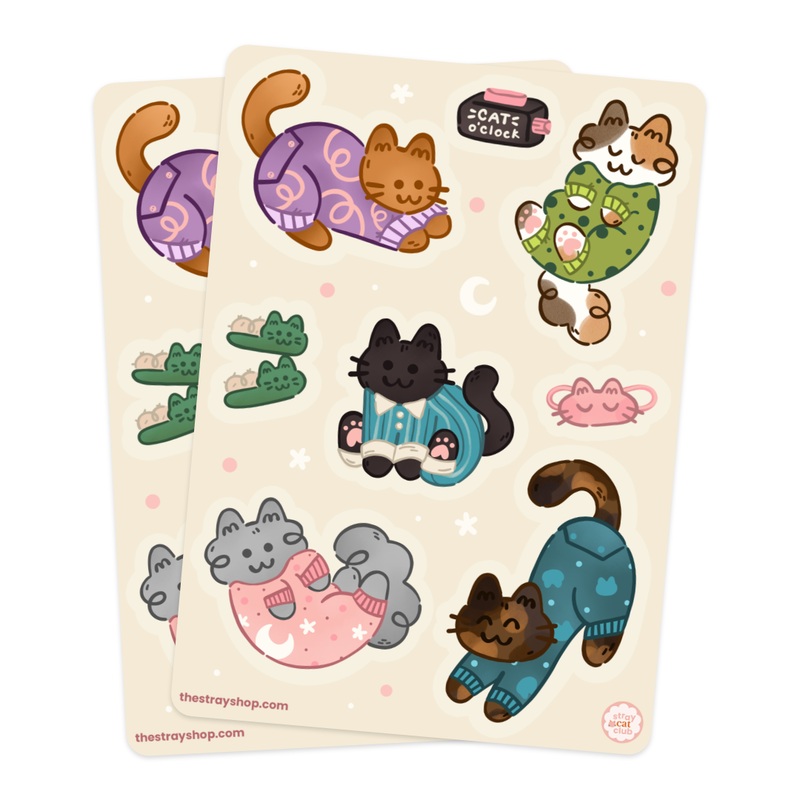 Sleepy Bedtime Pajama Cats Vinyl Sticker Sheet