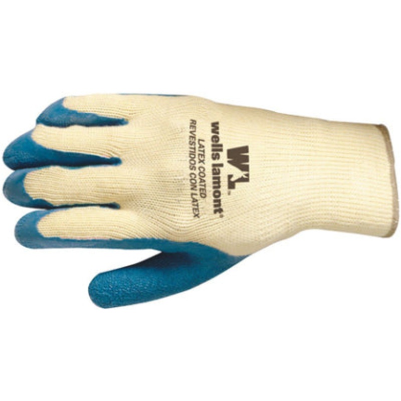 BLUE LATEX COATED YELLOW KNIT GLOVES