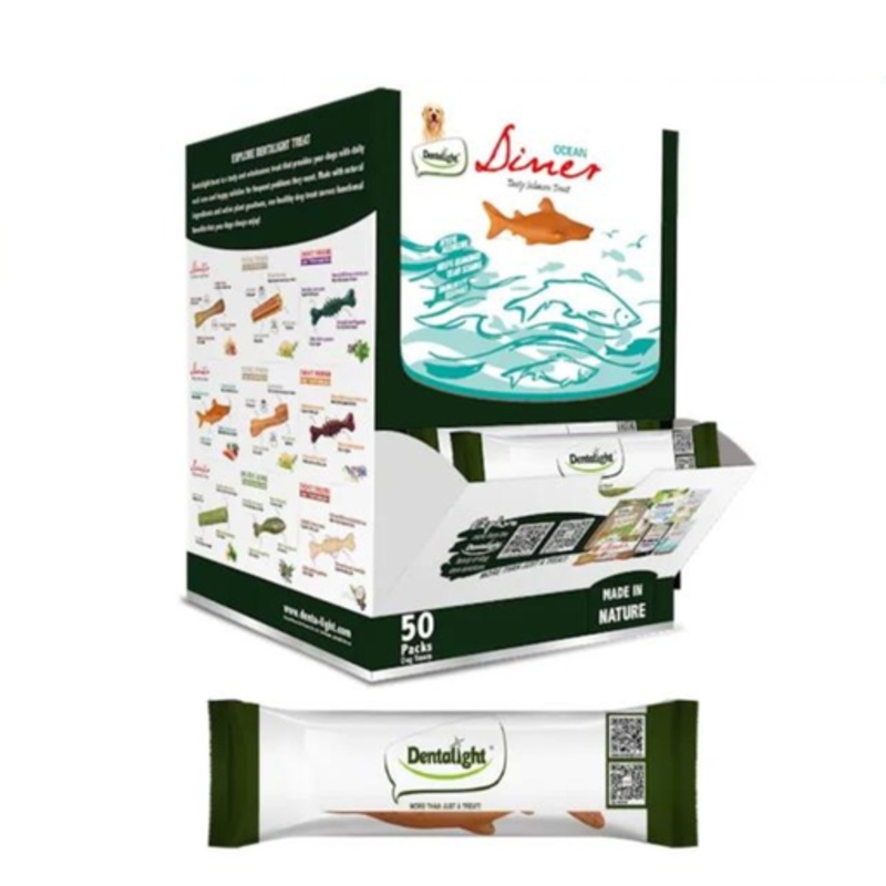 Dentalight 3″ Ocean Diner Tasty Salmon Dog Treat [50pcs x 9g] -Display Box-(MOQ:50pcs)