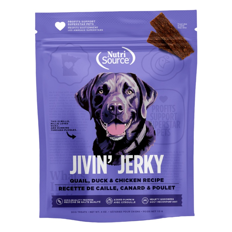 Nutrisource Quail, Duck & Chicken Jivin’ Jerky Healthy Jerky Treats for Dogs – 4oz