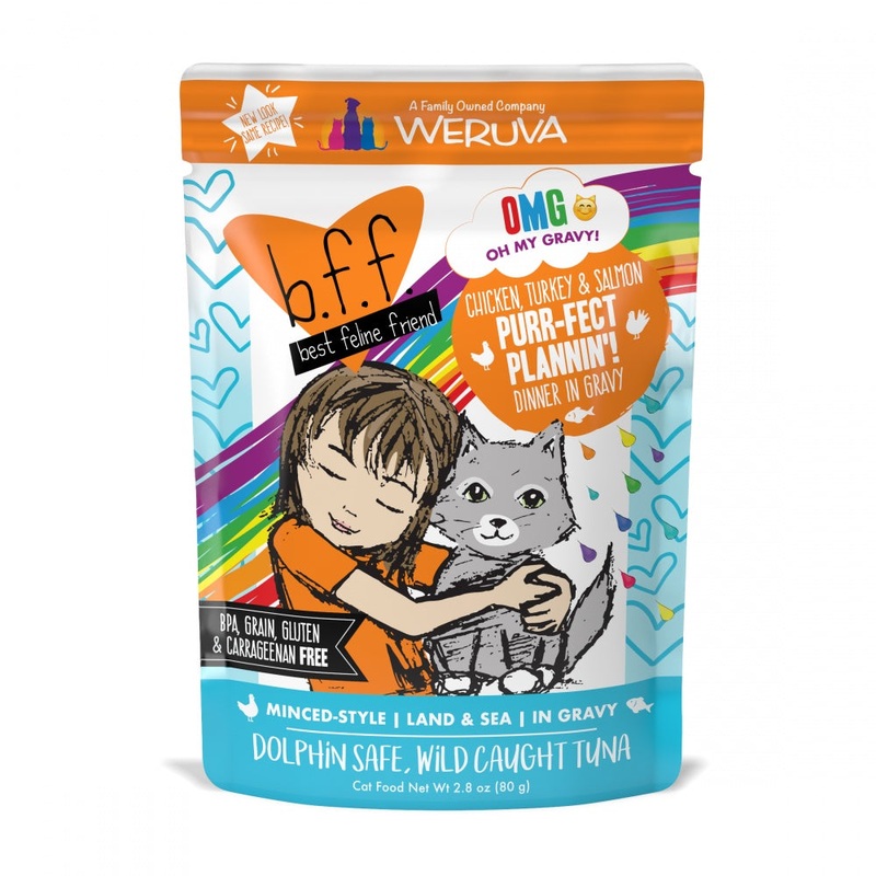 B.F.F. OMG Gravy! Purr-Fect Plannin Grain-Free Chicken, Tuna and Salmon in Gravy Wet Cat Food Pouch 2.8 oz, case of 12