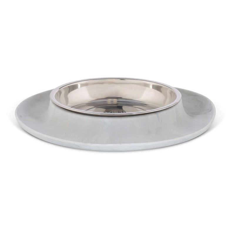 Messy Mutts Single Silicone Cat Bowl with Stainless Steel Saucer Shaped Bowl – Marble