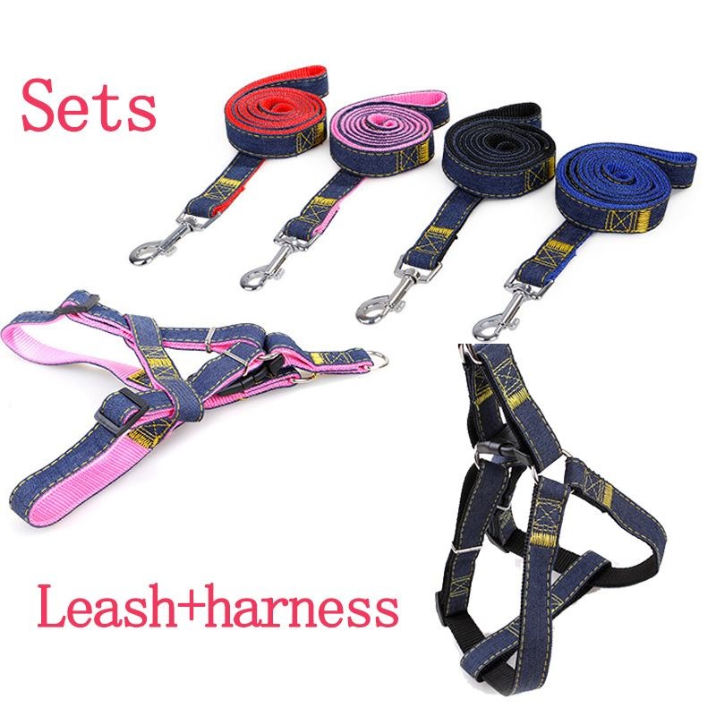 Dog Leash Harness Adjustable & Durable Leash Set & Heavy Duty Denim Dog Leash Collar – large