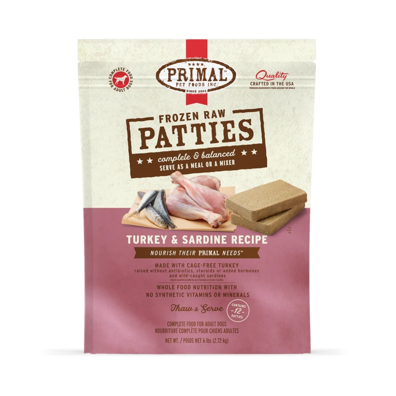Primal Pet Foods Frozen Raw Patties Dog Food Turkey & Sardine Recipe 18 LB