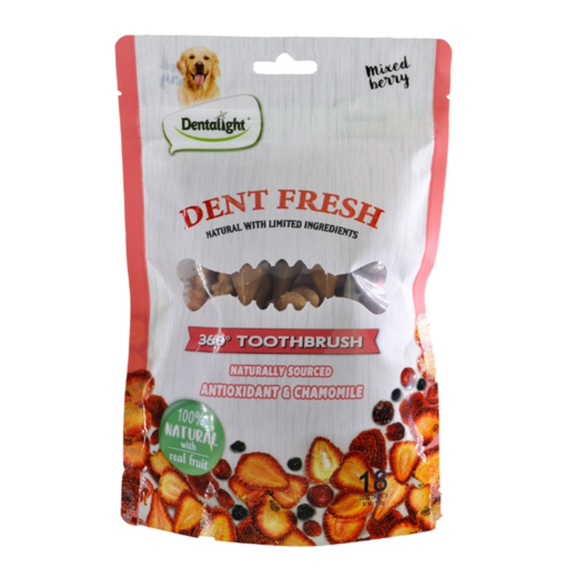 Dentalight 3″ Dent Fresh 360 Toothbrush Dog Treat 150g (18pcs) – Mixed Berry