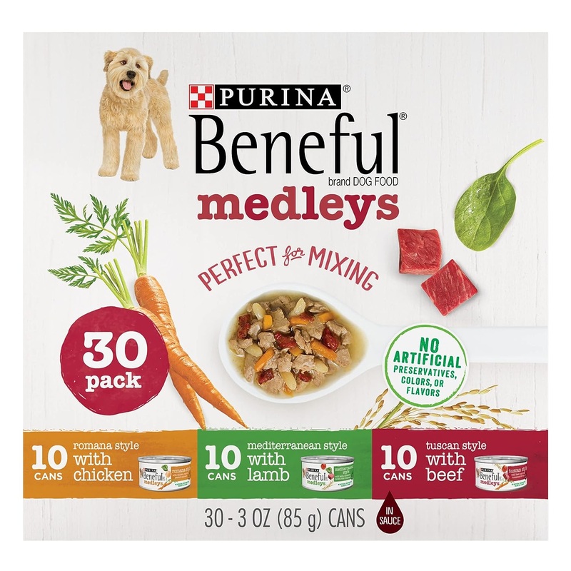 Purina Beneful Wet Dog Food Variety Pack, Medleys Tuscan, Romana & Mediterranean Style – 3 oz. Cans (case of 29)