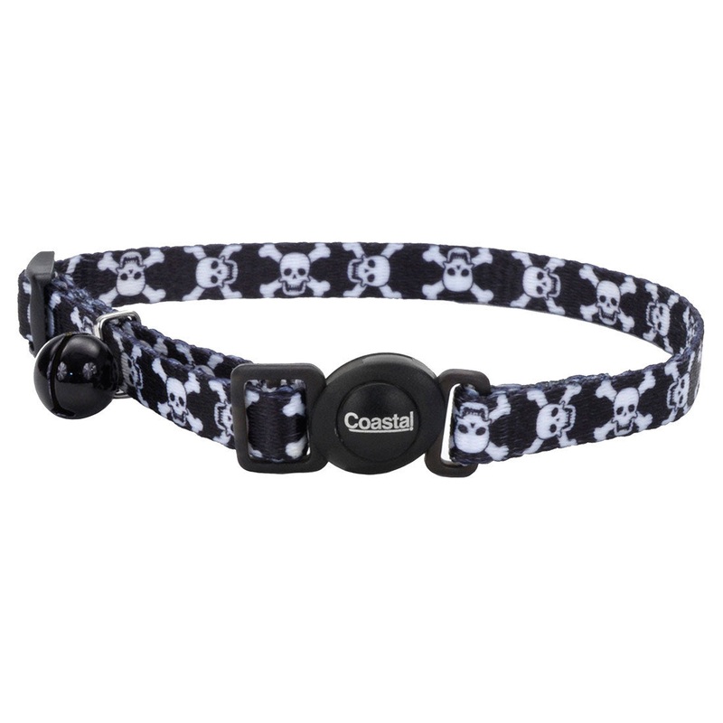 Coastal Safe Cat Adjustable Fashion Breakaway Collar for Cats Black Skulls 8″-12″ x 3/8″