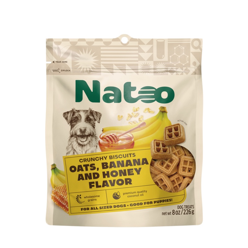 Natoo Crunchy Biscuits Oats, Banana and Honey Flavor Small Bite Dog Treats 8 oz