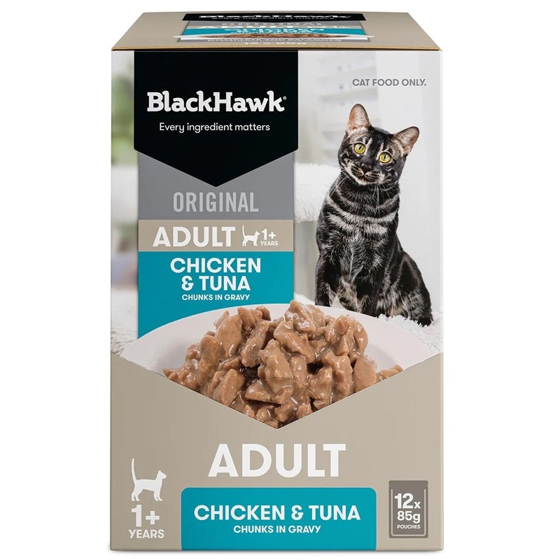 BLACK HAWK CAT WET ORIGINAL ADULT CHICKEN & TUNA IN GRAVY 85G x 12