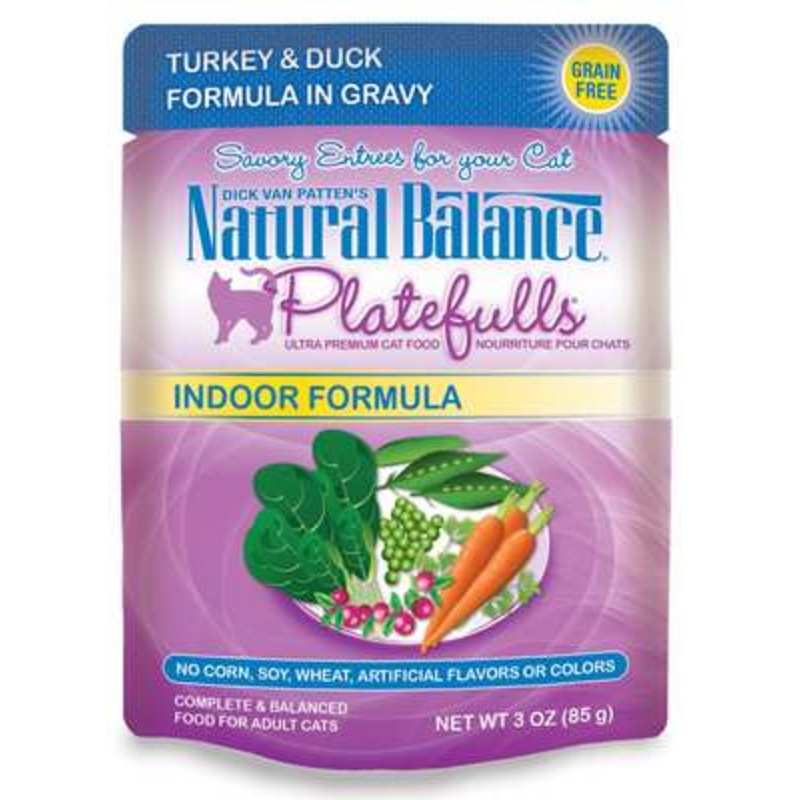 Natural Balance Platefulls Grain Free Indoor Cat Food, Turkey & Duck Formula in Gravy, 3-Ounce Pouches (Pack of 24)