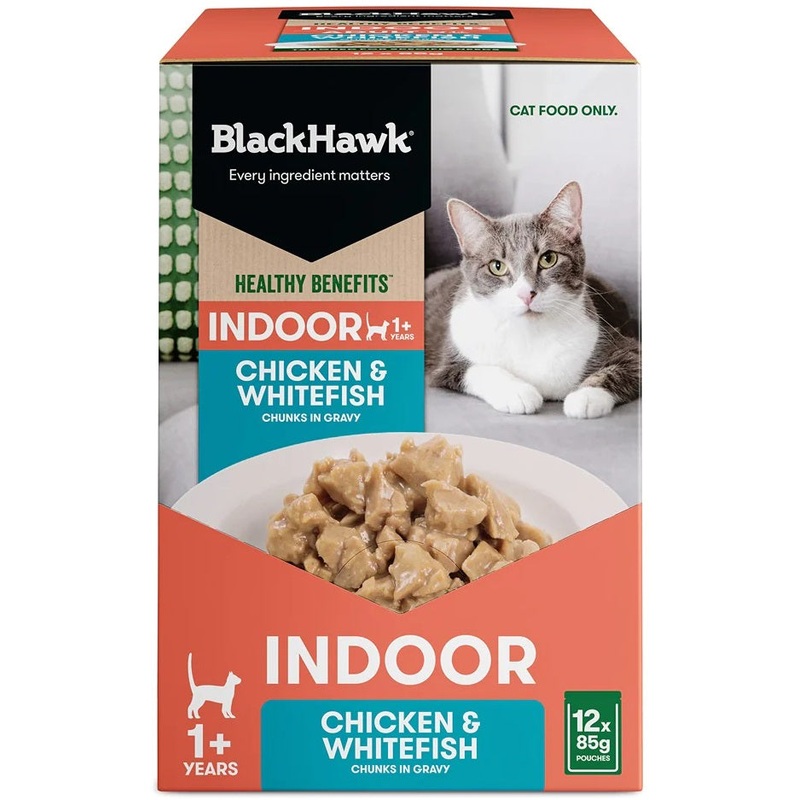 BLACK HAWK CAT WET HEALTHY BENEFITS ADULT INDOOR CHICKEN & WHITEFISH IN GRAVY 85G x 12