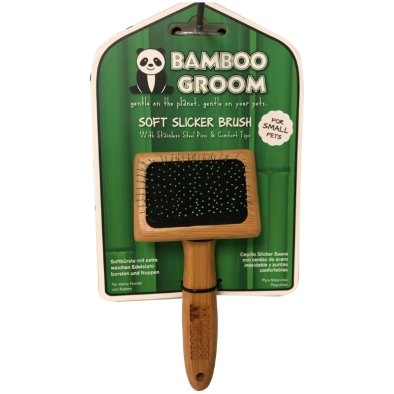 Bamboo Groom Soft Slicker Brush with Stainless Steel Pins and Comfort Tips Small