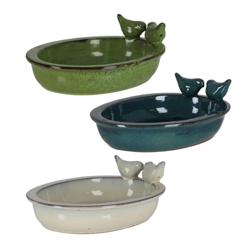 Ceramic Oval Bird Bath with Birds – Assorted Colors