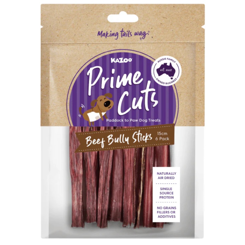 KAZOO PRIME CUTS BEEF BULLY STICKS 15CM 6 PACK