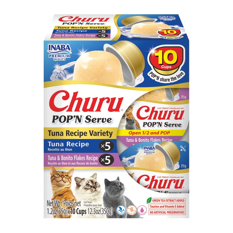 INABA Churu Pop’N Serve Jelly Cat Treat with Vitamin E & Taurine, 1.2 Ounce Cup, 10 Cups, Tuna Variety