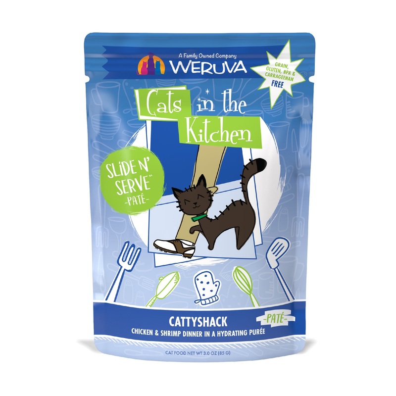 Weruva Cats in the Kitchen Slide N Serve Pouch Pate Cat food 3oz  Cattyshack Chicken & Shrimp