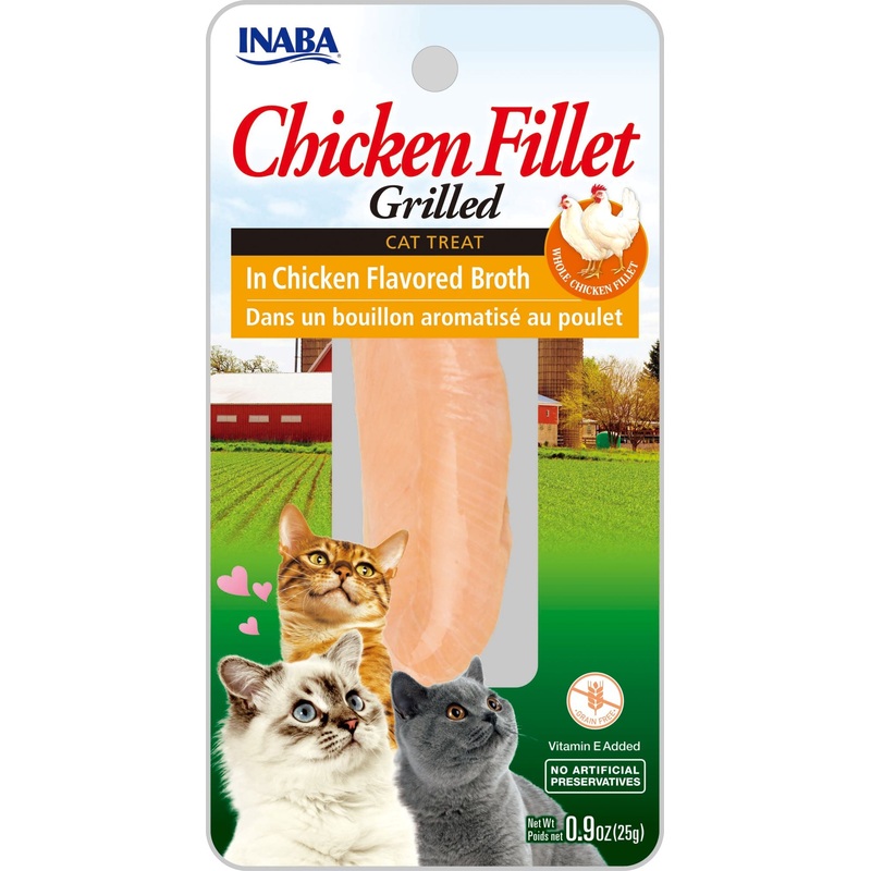 INABA Natural  Premium Hand-Cut Grilled Chicken Fillet Cat Treats/Topper/Complement with Vitamin E and Green Tea Extract  0.9 Ounces Each  Chicken Broth