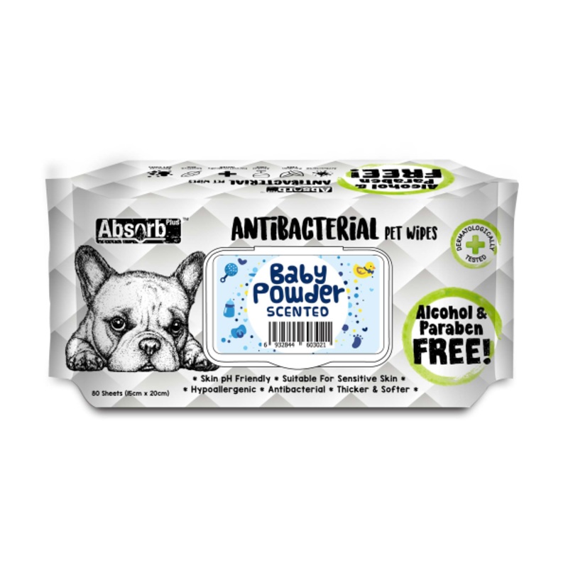 ABSORB PLUS PET WIPES CHARCOAL BABY POWDER 80 SHEETS