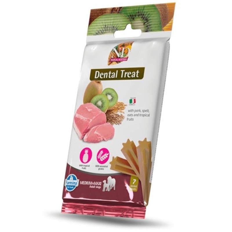 Farmina – N&D Tropical Selection, Dental Treats for Adult Dogs  Pork, Spelt, Oats & Tropical Fruits, Daily Oral Care, Digestive & Joint Support For Medium & Maxi Breeds – 7 Sticks
