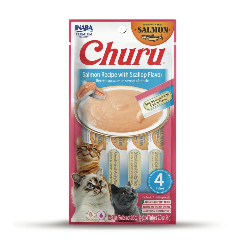 INABA Churu Cat Treats, Grain-Free, Lickable, Squeezable Creamy Pure Cat Treat with Vitamin E & Taurine, 0.5 Ounces Each Tube, 4 Tubes, Salmon Recipe with Scallop Flavor