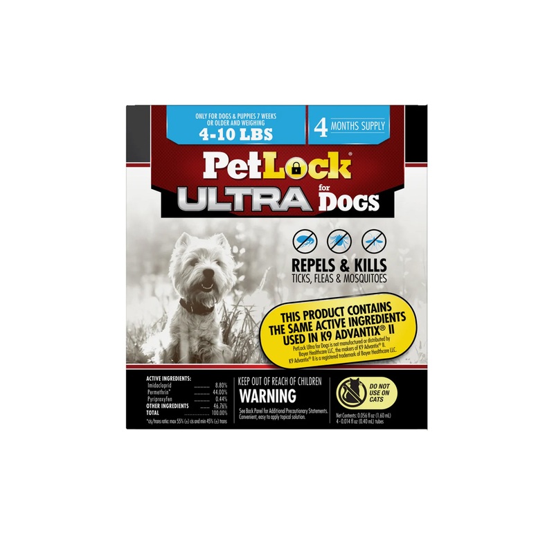 Pet Lock Ultra Flea and Tick Topical for Dogs 4 Pack 4-10 lbs