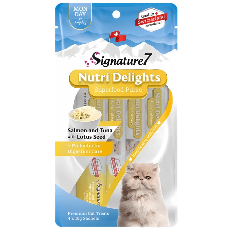 Signature7 Nutri Delights Salmon & Tuna With Lotus Seed & Prebiotic For Digestive Care Liquid Cat Treats 4x15g