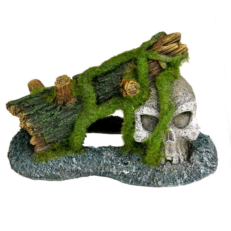 Blue Ribbon Pet Exotic Environments Skull with Mossy Log Aquarium Ornament