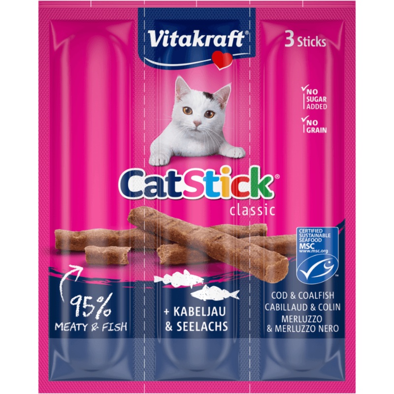 Vitakraft – CatStick, 3 Classic Soft Sticks With Cod and Pollock (Fish) – 18g 1 Pouch