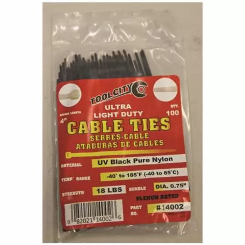 Tool City Ultra Light Duty Cable Ties Pure Nylon Black 18 lbs 4″ 100 Pack 4″ Black