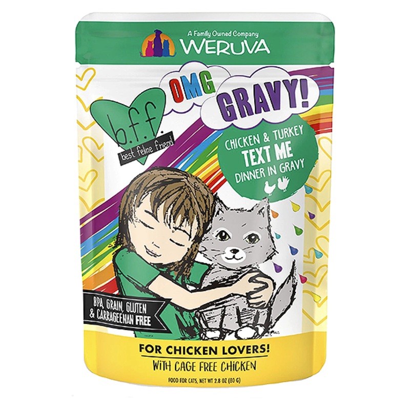 B.F.F. OMG GRAVY! Text Me! Chicken & Turkey Dinner in Gravy Grain-Free Wet Pouch Cat Food 2.8oz, case of 12