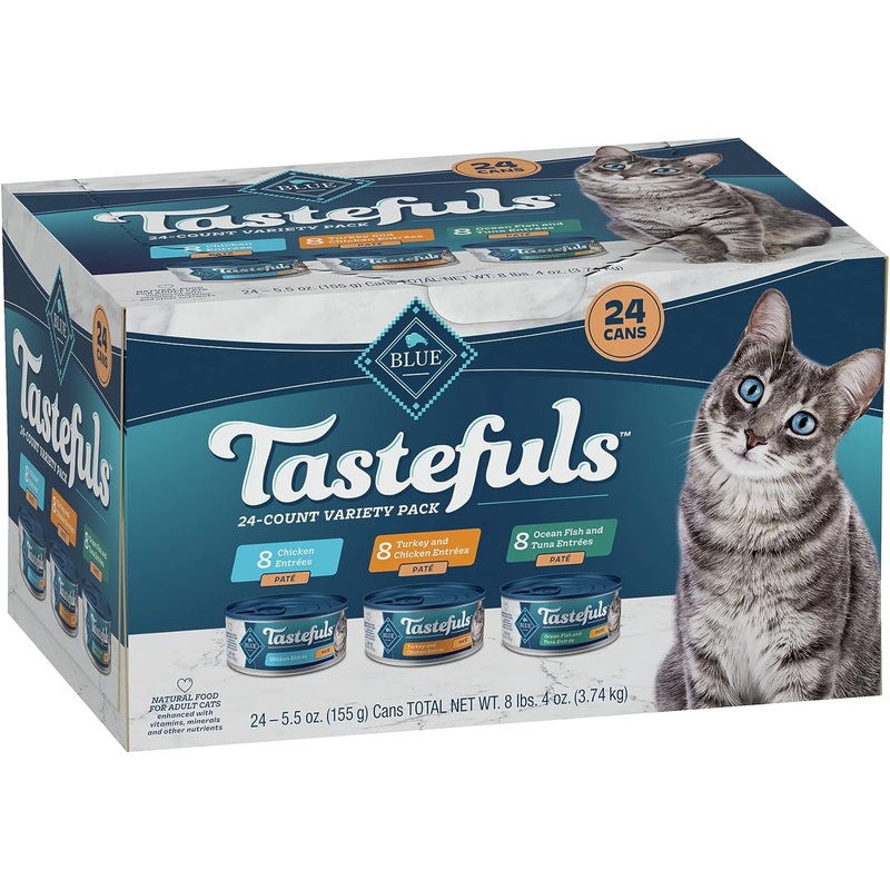 Blue Buffalo Tastefuls Natural Pate Wet Cat Food Variety Pack, Chicken, Turkey & Chicken and Ocean Fish & Tuna, 5.5-oz Cans 24 pack