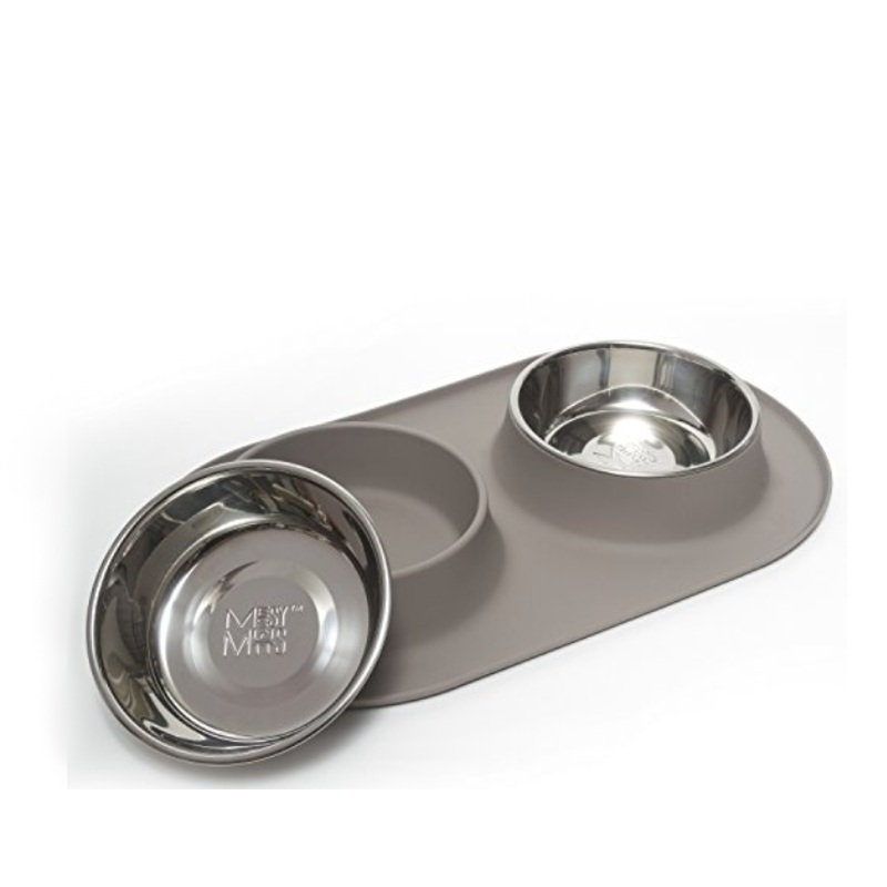 MESSY MUTTS Silicone Double Feeder with Stainless Steel Bowls – Gray LARGE