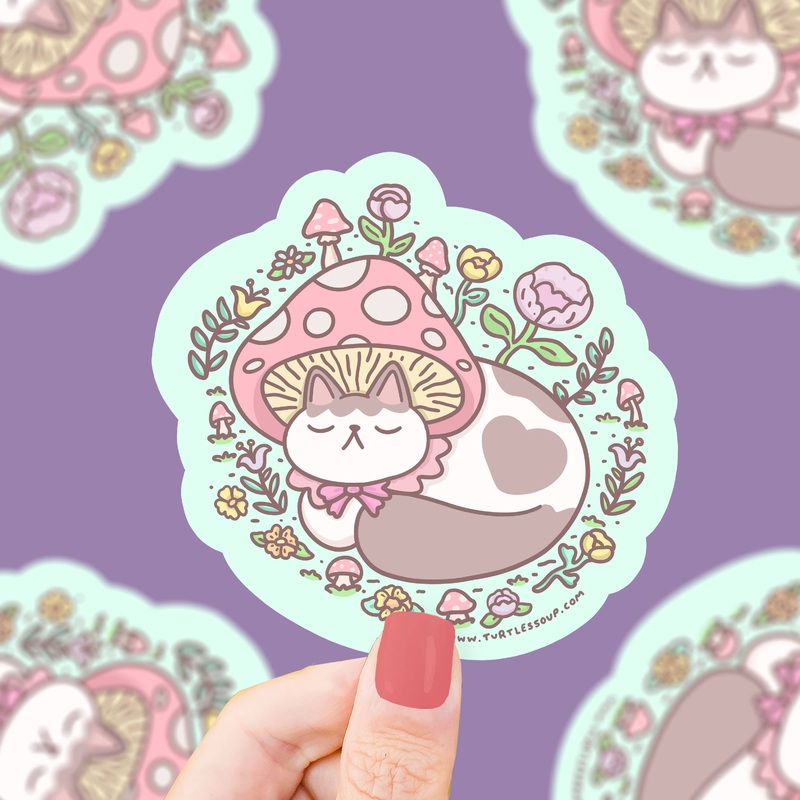 Mushroom Cap Hat Floral Siamese Cat Vinyl Sticker