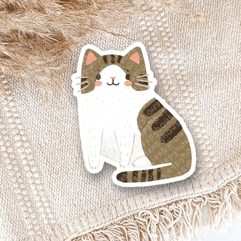 Cozy Kitty Brown Tabby-on-White Cat Vinyl Sticker