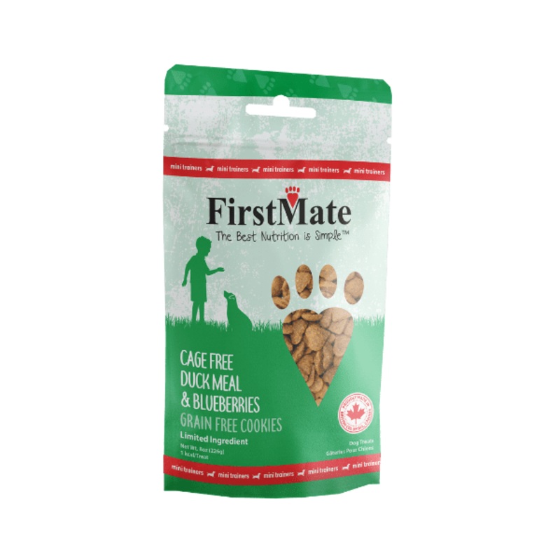 FirstMate Pet Foods Mini Trainers Cage Free Duck Meal & Blueberries Dog Treats (8 oz)