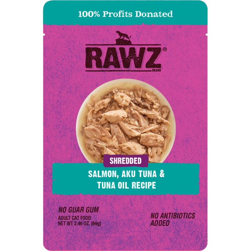 Rawz Shredded Salmon, Aku Tuna & Tuna Oil Cat Wet Food Recipe 2.46 oz. Pouches