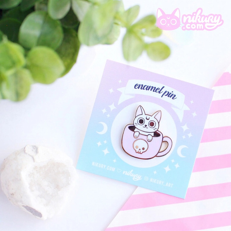 Spooky White Cat in Mug Hard Enamel Pin Pink mug
