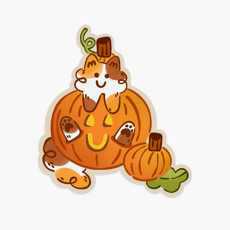 Fluffy Calico Cat Inside Pumpkin Vinyl Sticker