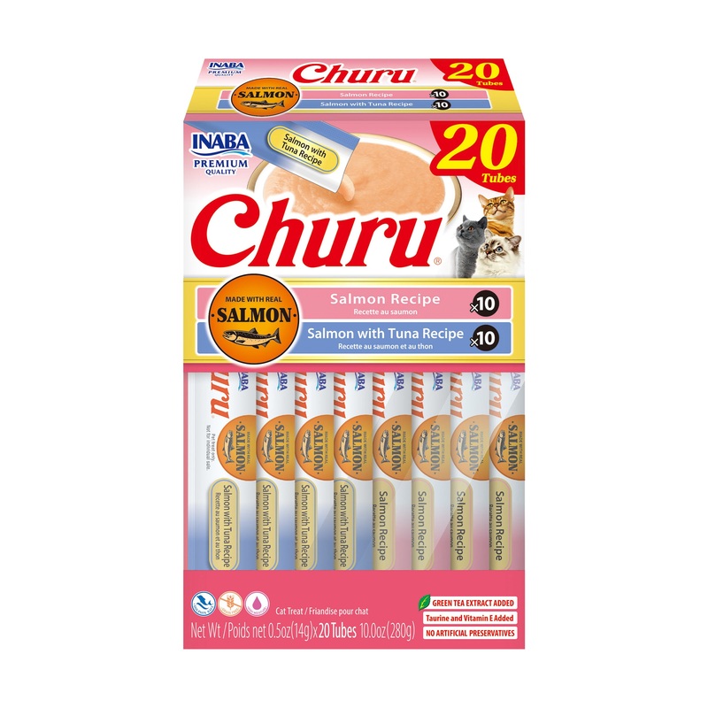 INABA Churu Cat Treats, Grain-Free, Lickable, Squeezable Creamy Pure Cat Treat with Vitamin E & Taurine, 0.5 Ounces Each Tube, 20 Tubes, Salmon & Tuna Variety Box