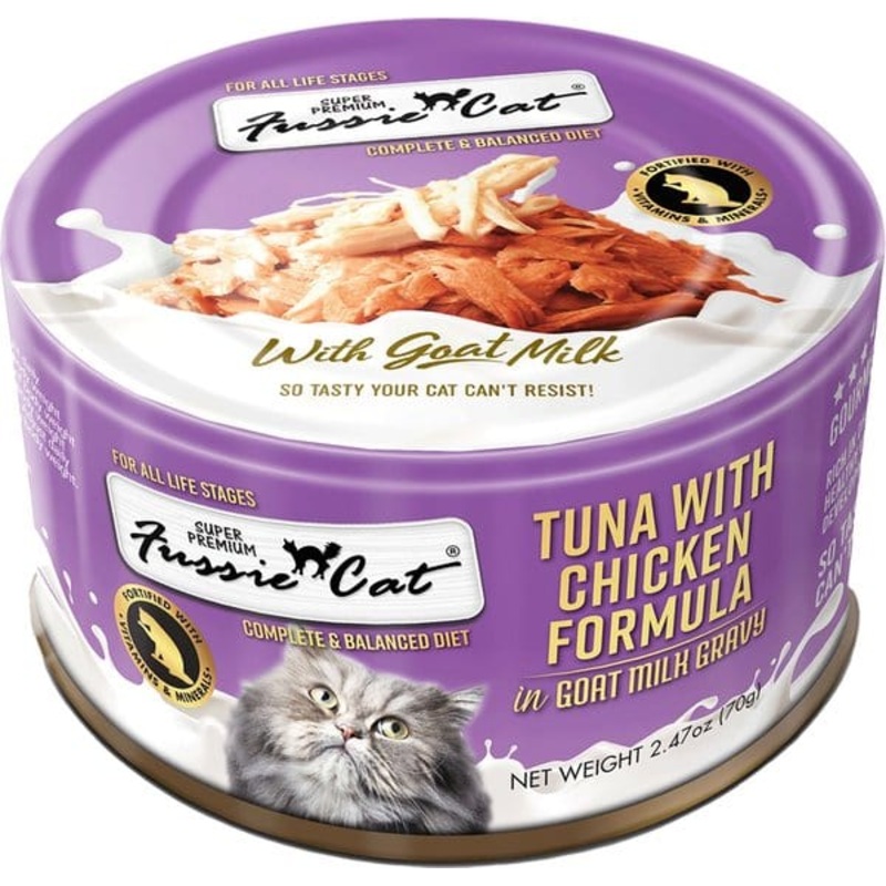 Fussie Cat Tuna with Chicken in Goat Milk Gravy Shredded Canned Cat Food 2.47 oz