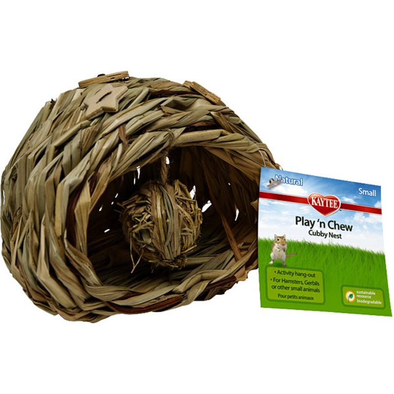 Play ‘N Chew Cubby Nest Woven Sisal Small Animal Hideout with Hanging Toy Small ( 6-in x 4.5-in x 4.5-in )