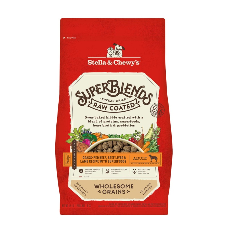 Stella & Chewy’s SuperBlends Raw Coated Wholesome Grains Grass Fed Beef & Beef Liver & Lamb Recipe with Superfoods
