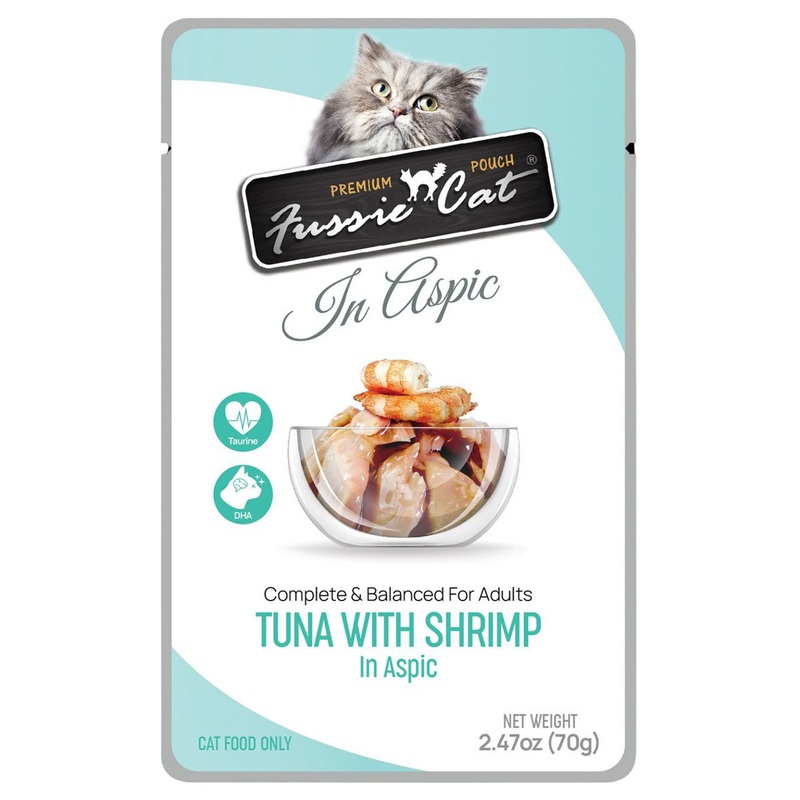 Fussie Cat Premium Pouch Wet Cat Food – Tuna with Shrimp in Aspic Pouch – 2.47oz Pouch