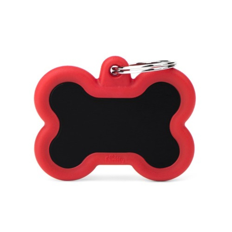 MyFamily Hushtag Big Black Aluminum Bone ID Tag with Red Rubber Media Red