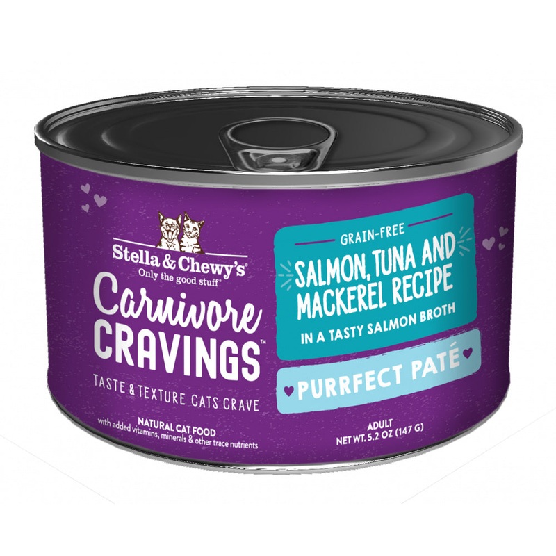 Stella & Chewy’s Carnivore Cravings Purrfect Pate Salmon, Tuna & Mackerel Pate Recipe in Broth Wet Cat Food