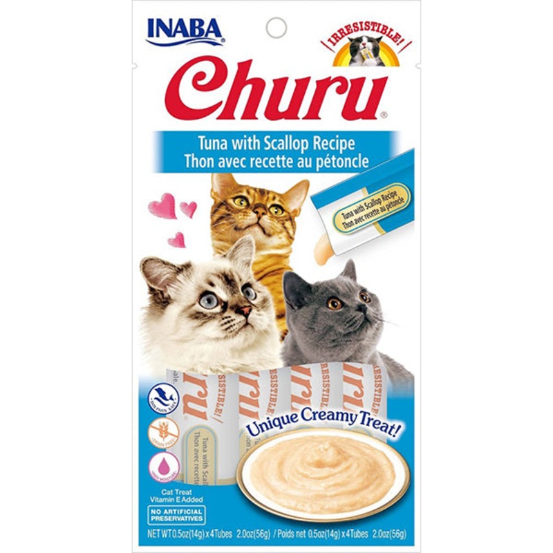 Churu Tuna with Scallop Puree Grain-Free Lickable Cat Treat 4 Tubes ( .5oz Each )