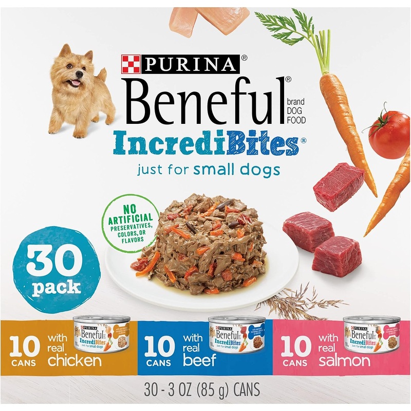 Purina Beneful Small Breed Wet Dog Food Variety Pack, IncrediBites With Real Beef, Chicken or Salmon (3 Oz. Cans, case of 30)